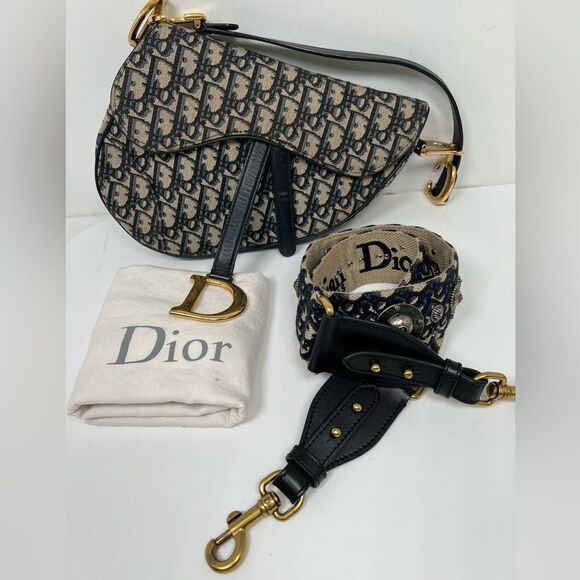 Auth DIOR/ChristianDior Saddlebags,Trotter - Navy Cream Jacquard Leather Handbag - Picture 3 of 11